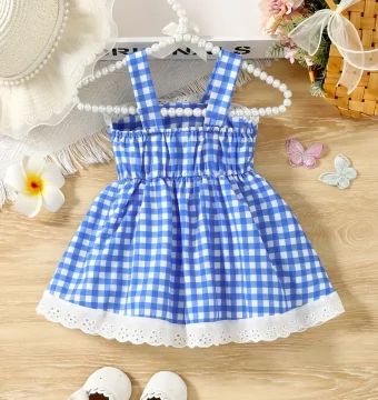 Baby Dresses Summer Cotton Checkered Flower Embroidered Lace Edge Sleeveless Baby Girl Dress Cute Casual Beach Baby Clothing