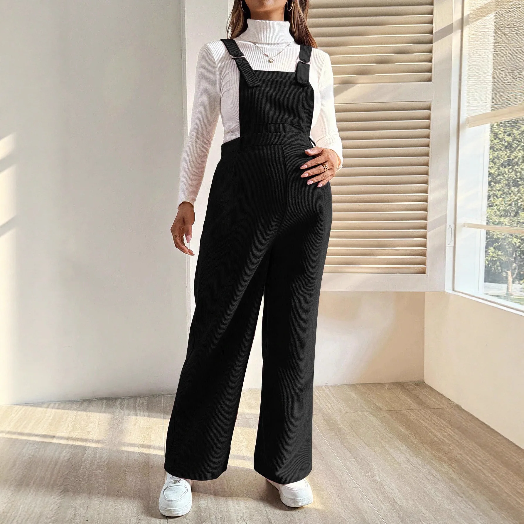 Maternity Pregnant Women Corduroy Overalls Solid Adjustable Strap Wide-leg Jumpsuit Spring Autumn Casual Pregnancy Clothing