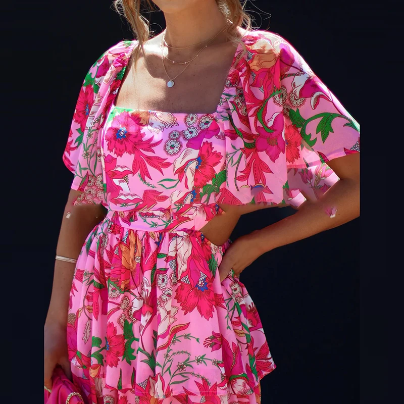 Sexy gola quadrada manga curta vestido de festa feminino casual em camadas plissado vestido boêmio novo floral impressão cintura oca vestido longo