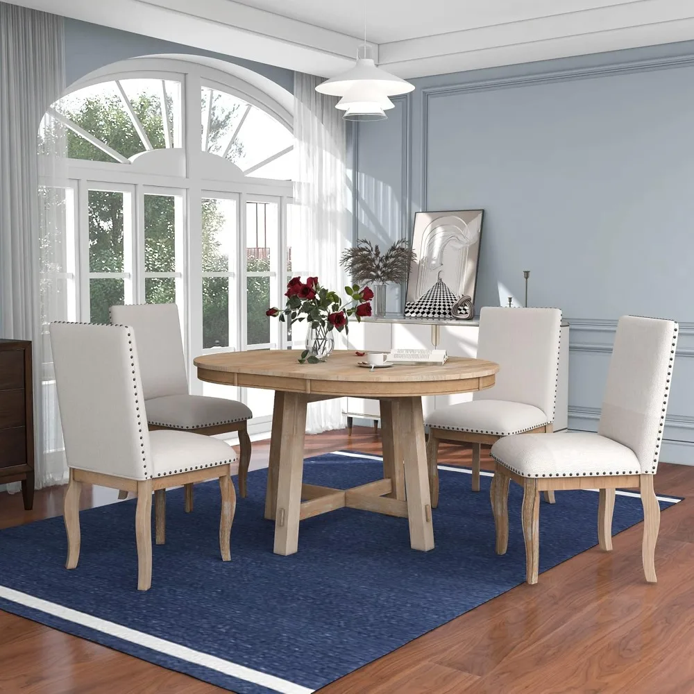 

Harper & Bright Designs 5-Piece Farmhouse Extendable Round Dining Table and Upholstered Chair Set With Shelf for Family Dining A