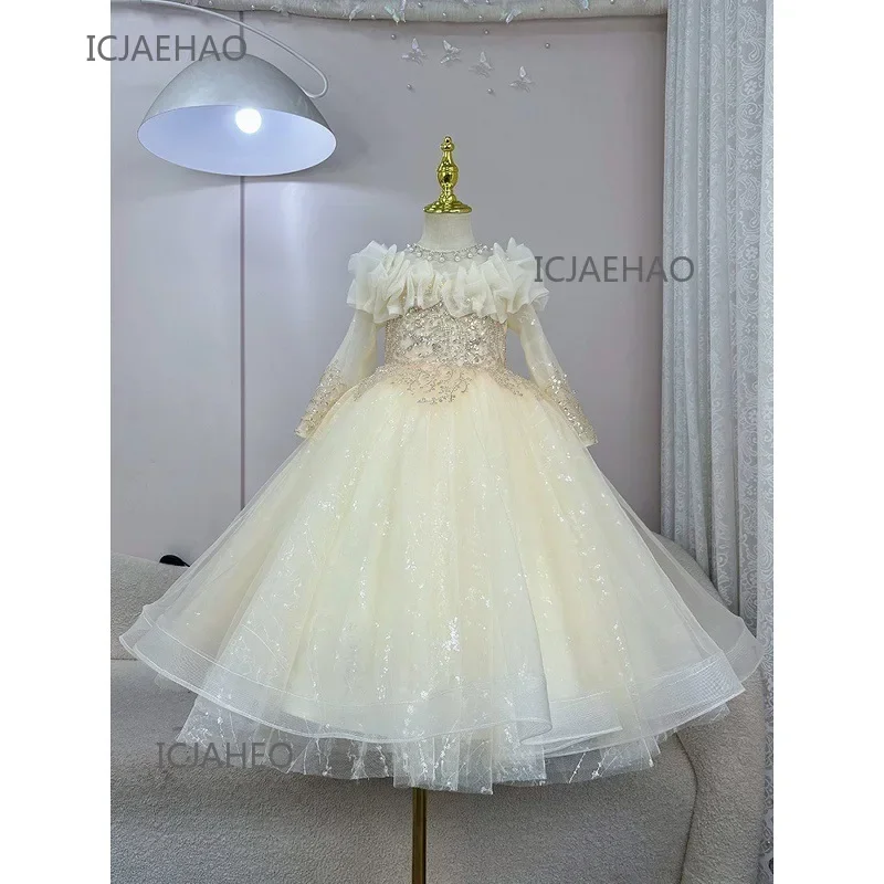 Long Dress Vestido Children Girls Long Sleeve Piano Pageant OutfitDresses Costume Flower Girl Clothes Princess Birthday Wedding