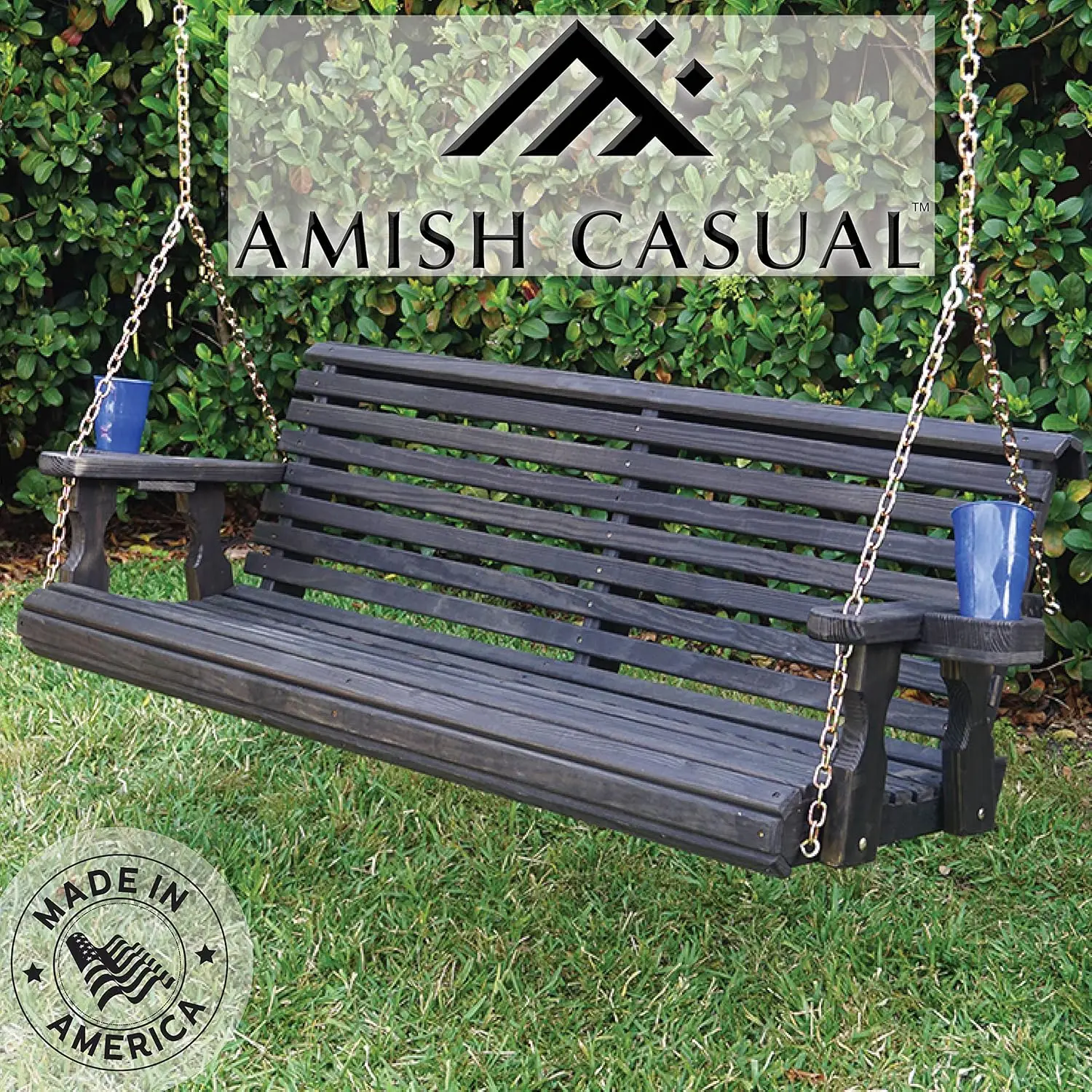 5 Foot Roll Back Porch Swing with Cup Holders in Semi-Solid Black Stain - Amish Made in The USA from Treated Pine