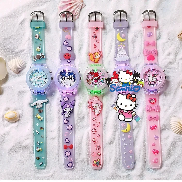 Sanrio Watch Melody Cinnamoroll Children LED Luminous Watch Kuromi Hello Kitty Student Wrist Watch Kids Birthday Gift Toy