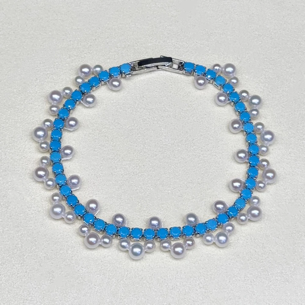 Ethereal Summer Blue Lace Design Hand-woven Bracelet Jewelry with Natural Freshwater Pearls for Everyday Wear and Commuting