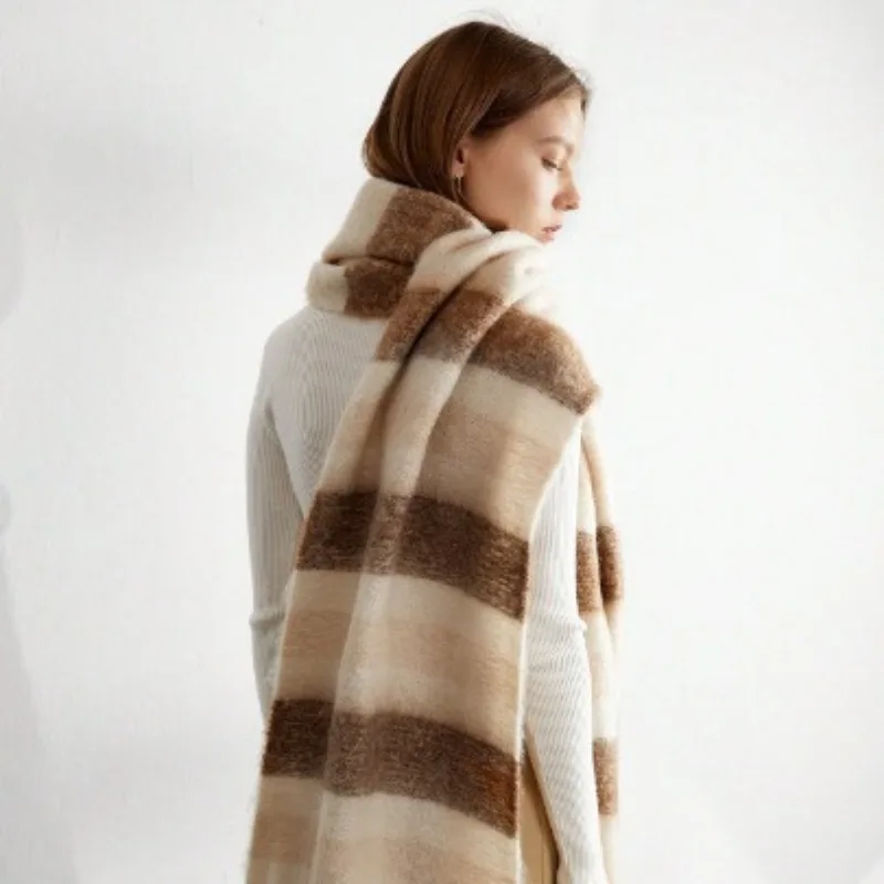 

Winter Fashionable Warm Women's High-end Color Blocked Striped Scarf Imitation Cashmere Plaid Scarf Women Tassel Long Scarves
