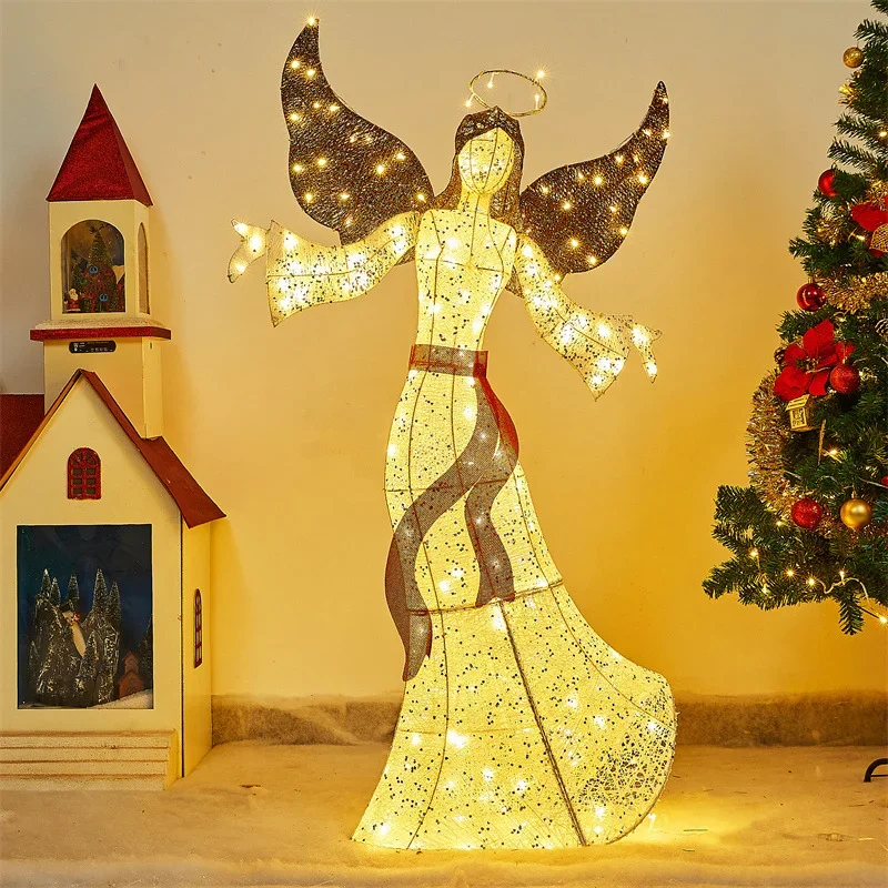 Large Iron Wire Angel Decoration Gold White Finish Holiday Party Ornament for Indoor Outdoor Church Window Festival Display