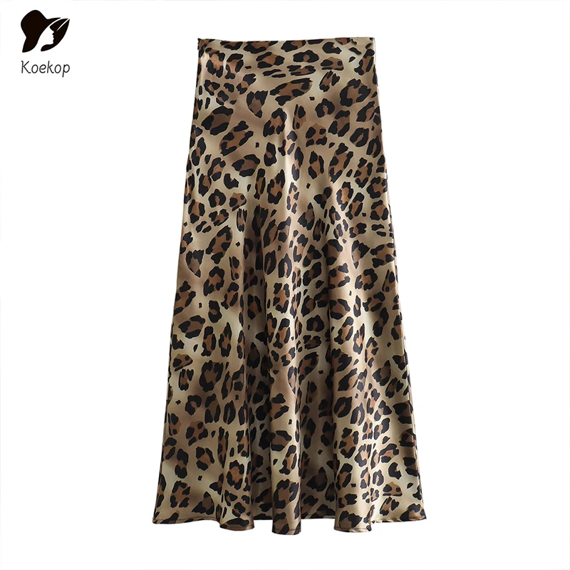 Koekop خريف خمر تنورة الساتان امرأة التنانير الأنيقة ليوبارد طباعة المرأة ميدي تنورة عالية الخصر أنيق التنانير الطويلة للنساء