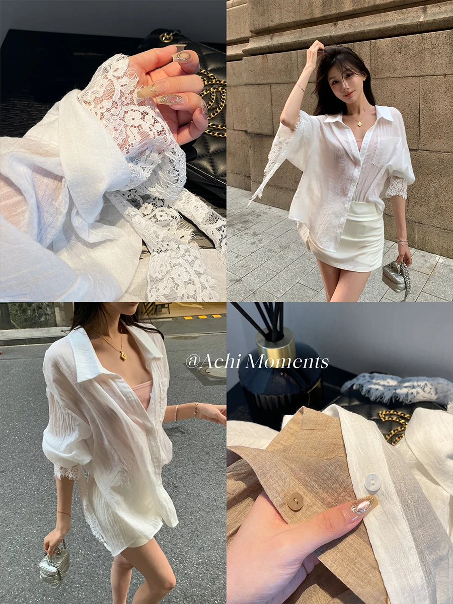 

Женская тонкая дышащая свободная блузка Achi с белыми кружевными вставками и длинными рукавами, в корейском стиле, для повседневной носки