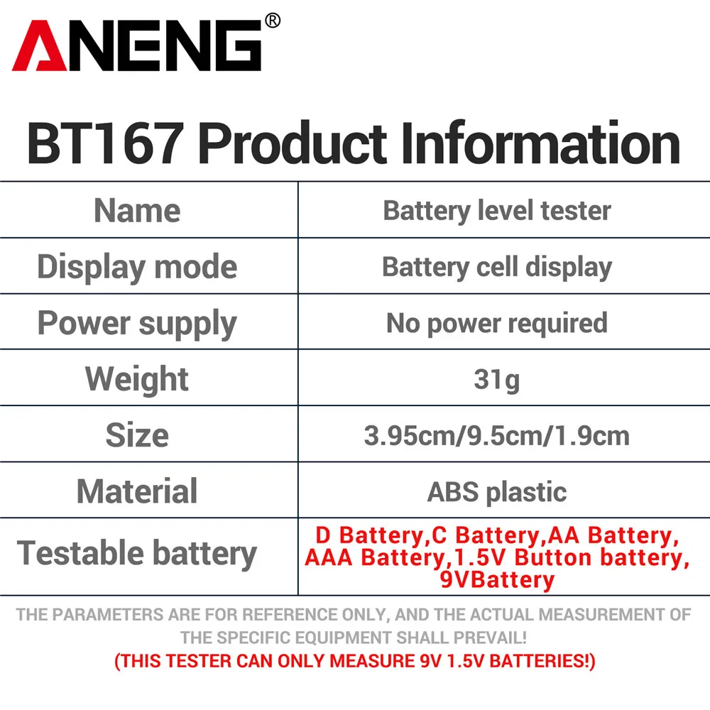 ANENG BT167 Battery Tester LCD Display C AA AAA D 9V 1.5V Universal Button Cell Detector Volt Test Checker Power Diagnostic Tool