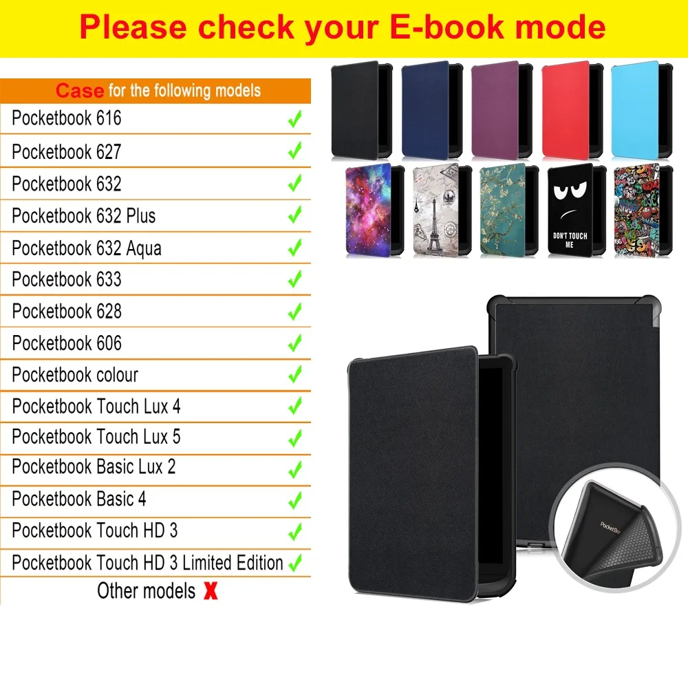 Funda para PocketBook Color Touch Lux 4 5 Basic 4 Lux 2 Touch HD 3 Edición limitada 6 "eBook Slim Flip Cover con carcasa trasera de TPU