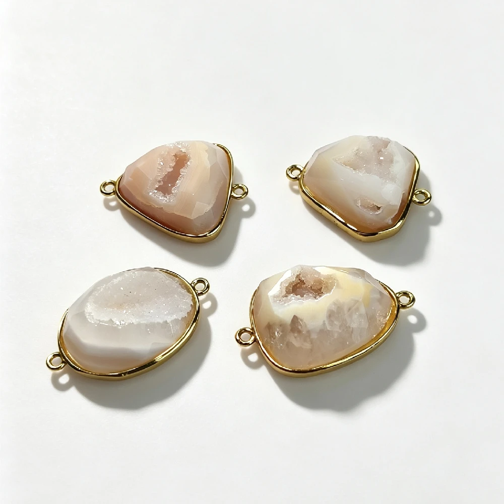 1PC Geode Agate Mineral Link Connector Double Loops Natural Druzy Bead for Handmade Jewelry Craft Golden Plated P2D1091