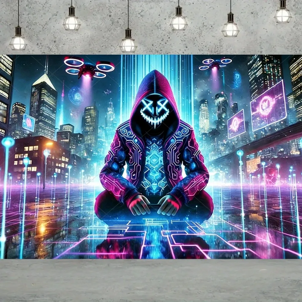 Future City Night Game Neon Hoodie Theme Banner Background, Children's Birthday Party Decoration Banner Photography Background