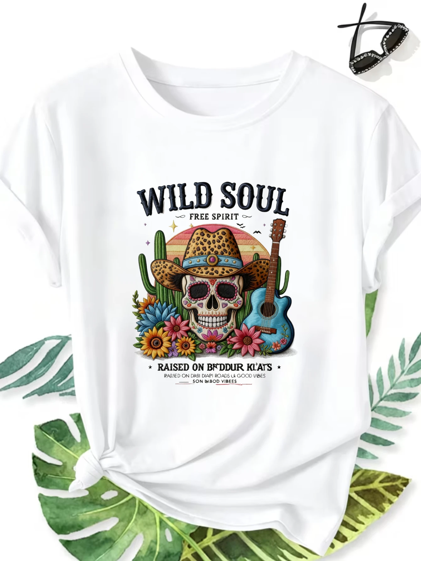 Women's Crew Neck Short Sleeve T-Shirt Comfortable and Soft T Shirt with Wild Soul Free Spirit Sugar Skull Cactus Guitar Pattern