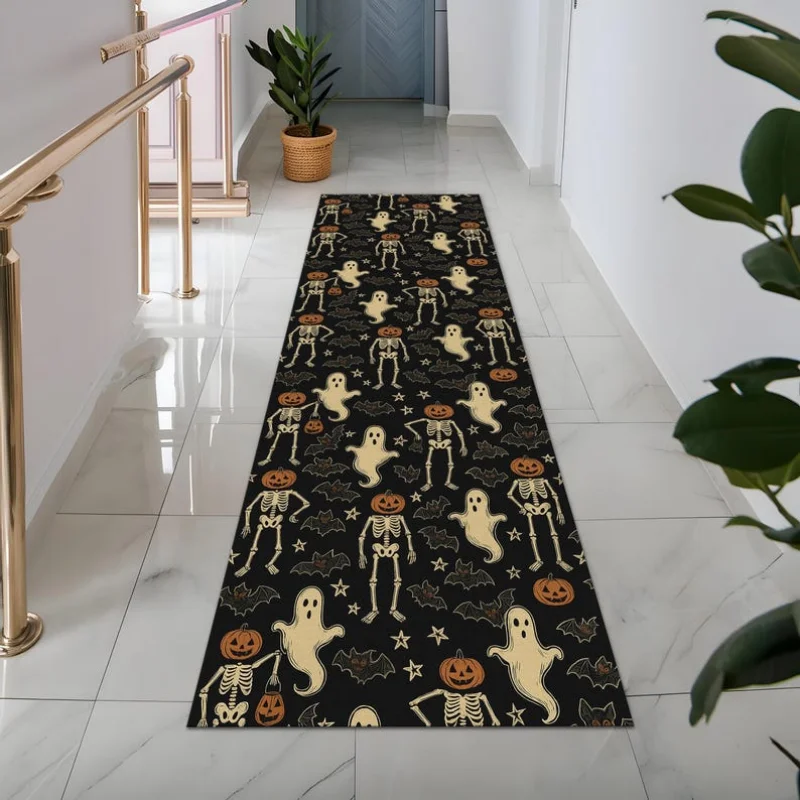 VIKAMA Halloween Long Runner Mat Skeleton Ghost Pumpkin Bat Print Non Slip Washable Farmhouse Entryway Hallway Decor Rug