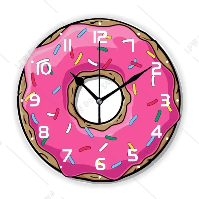 3D Cute Pink Watercolor Donut with Sprinkles Kitchen Wall Clock Girly Doughnut Round Wall Watch for Kid Room Nursery Decor Gift