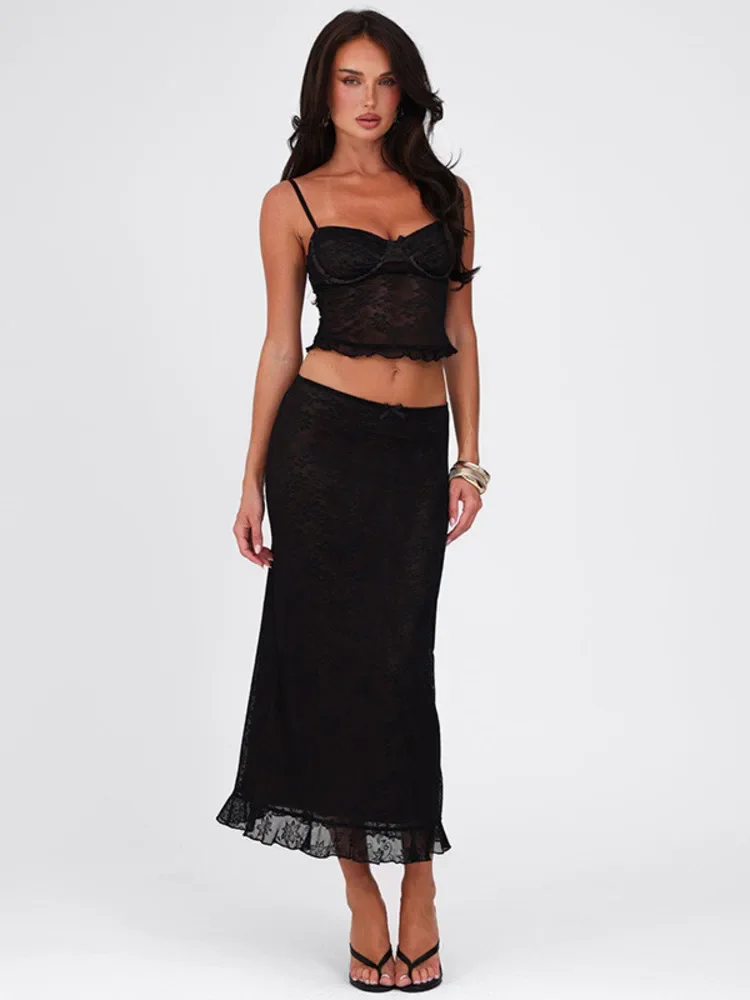 

Lace Sexy Two Piece Sets Women Spaghetti Strap Sleeveless Crop Tops And Long Skirt Matching Sets Elegant Club Sets