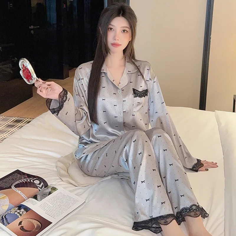 

Women's Hot Selling Ice Silk Long Sleeved Sleepwear Home Suit Set, Spring Polka Dot Lace Long Sleeved Pants Sleepwear Set