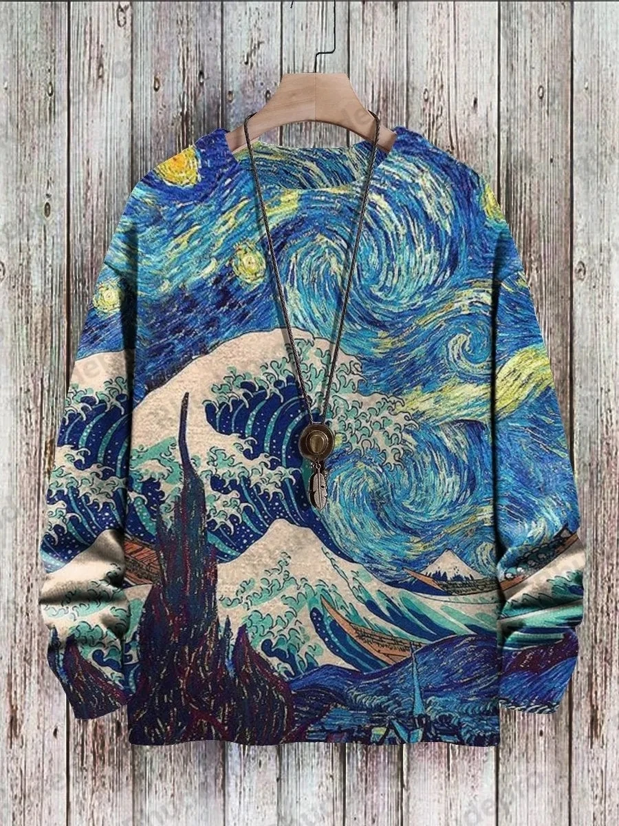 PLstar Cosmos Art Cat Ride Koi Pattern 3D Printed Men's Knitted Sweater Winter Unisex Casual Warm Knit Pullover Sweater