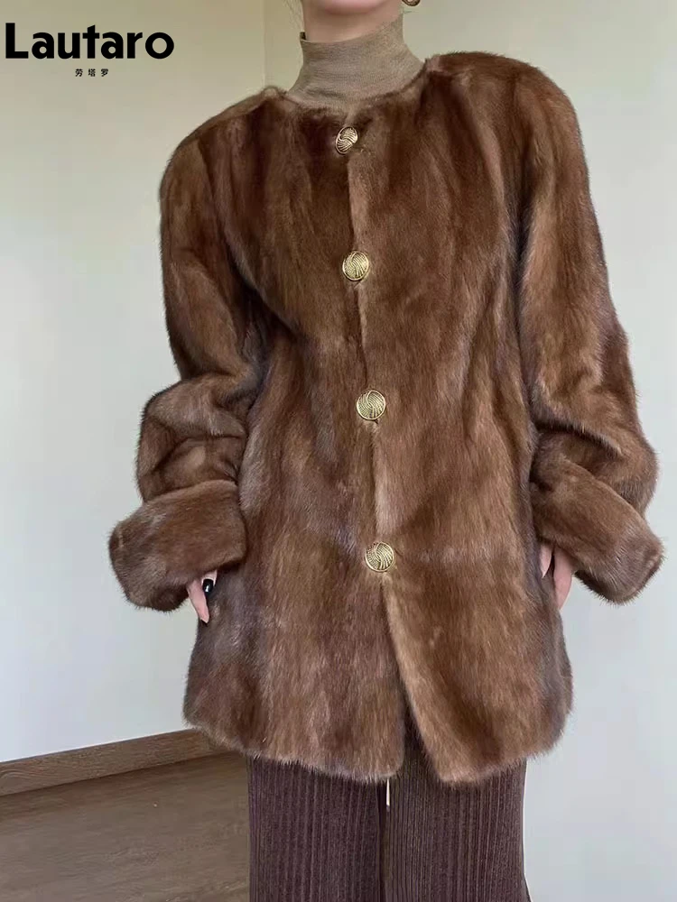 Lautaro Autumn Winter Elegant Thick Warm Soft Fluffy Brown Faux Mink Fur Coat Women Single Breasted Luxury Designer Outerwear