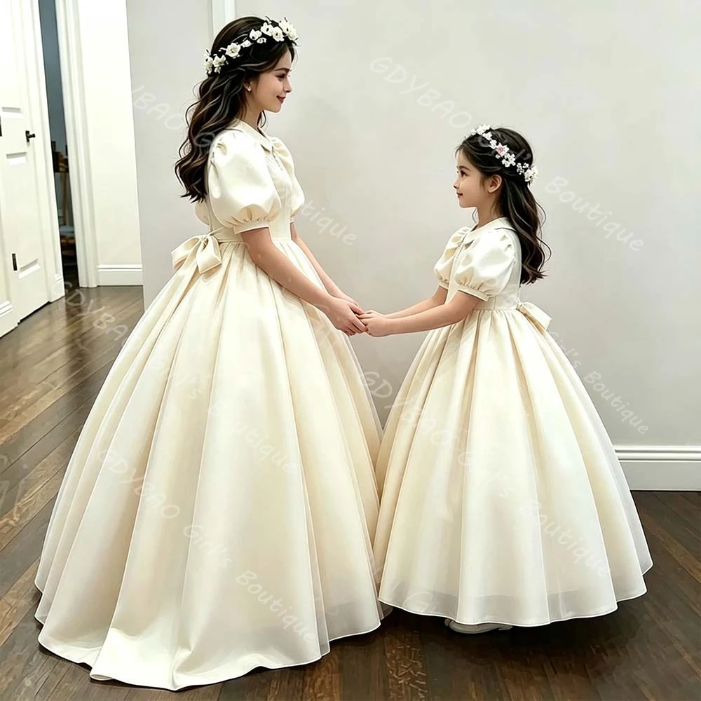 Flower Girl Dress for Wedding Party Toddlers High Neck Balloon Sleeves Ball Gown Pleated Satin First Communion Dress Custom image 3