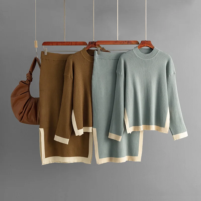 

Elegant Women Two-piece Sets Knitted Skirts Suit Women's Autumn New Fashion Design Contrast Crewneck Sweater Tops Split Skirt