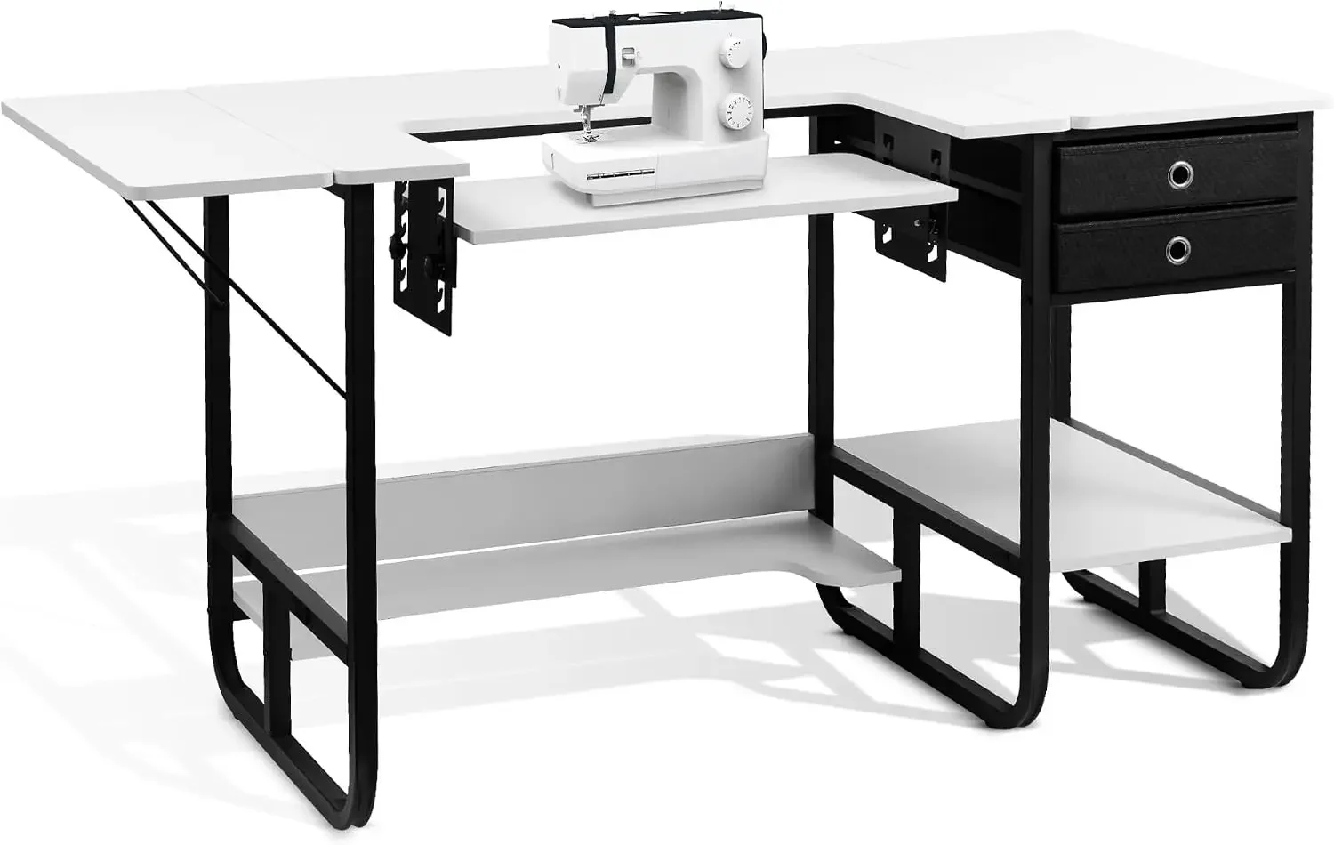 Foldable Sewing Machine Table, Multipurpose Sewing Table with Adjustable Platform, Storage Shelf and 2 Cloth Drawers (Warm