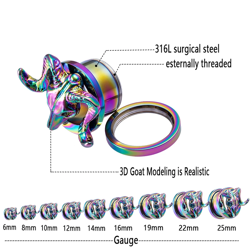 2pcs Goat Ear Plugs Tunnels Piercing Screw Earring Expander Stainless Steel Rainbow Flesh Stretcher Gauges Body Jewelry Gift 00G