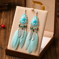 New Fashion Bohemian Long Feather Drop Earrings For Women Enameled Geometric Wooden Beads Irregular Stone Vintage Female Earings