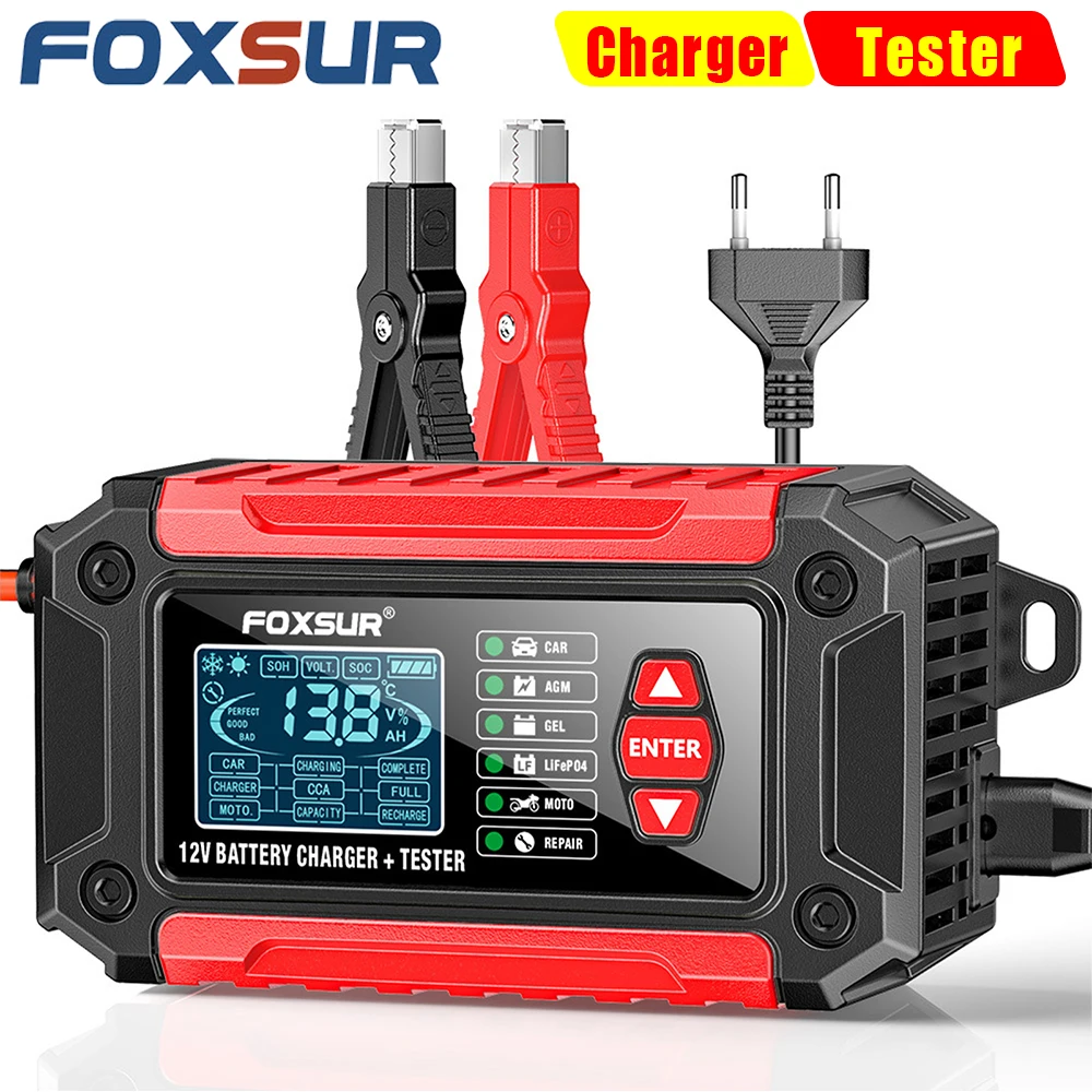 FOXSUR 12V Car Battery Charger CCA SOH Volt SOC Tester Analyzer, Motorcycle AGM GEL LiFePO4 Battery Charging for Boat Lawn Mower