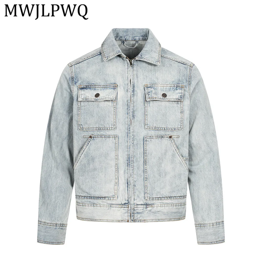 

Мужская рабочая куртка MWJLPWQ из выстиранного винтажного денима в стиле панк, с эффектом потертости, многокарманная, свободного кроя, повседневная, модель Tide 14120