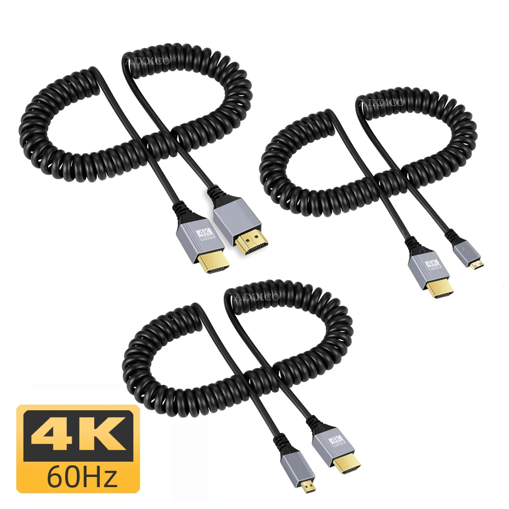 4K @ 60HZ Micro mini HDMI-Compatible a HDMI-Compatible Cable espiral Flexible macho a macho Cable de enchufe