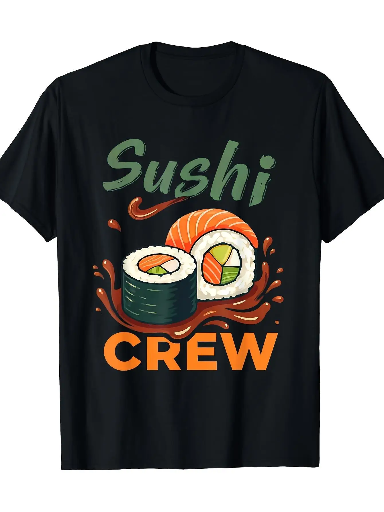Men's Sushi Lover T-Shirt - Japanese Cuisine Theme Black Plain T-Shirt, featuring hand-rolled sushi, nigiri, and sashimi prints - Loose fit casual shirt, suitable for Japanese cuisine enthusiasts, machine washable and durable for everyday wear