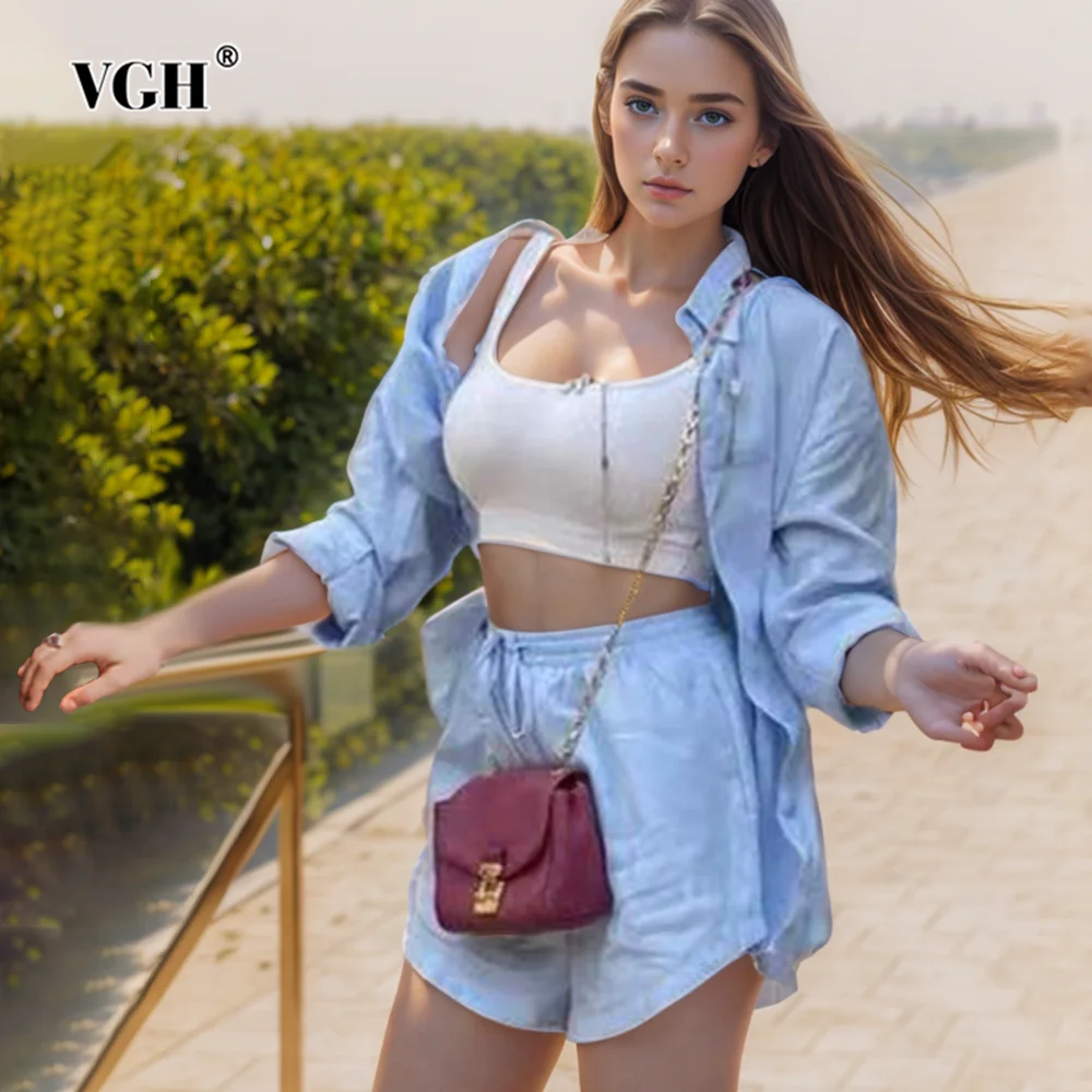 

VGH Minimalist Two Piece Sets For Women Lapel Long Sleeve Spliced Single Breasted Shirt High Waist Loose Shorts Solid Set Female