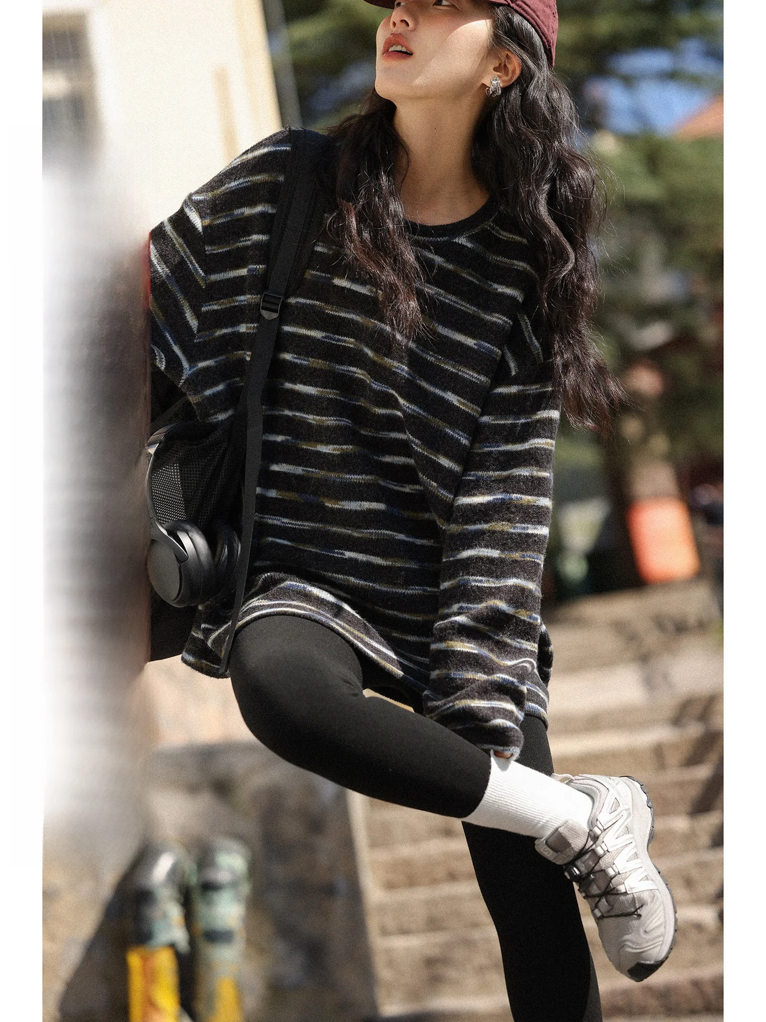 

Женский круглый трикотаж большого размера Ne, зимняя верхняя одежда, удобный удобный ленивый трикотаж в полоску с внутренней отделкой для поездок на работу Faion