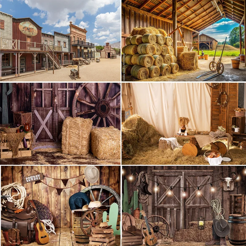 

Wild Western Cowboy Town Photography Backdrops Vintage Wood House Barn Door Kid Birthday Party Decor Photo Background CO-01