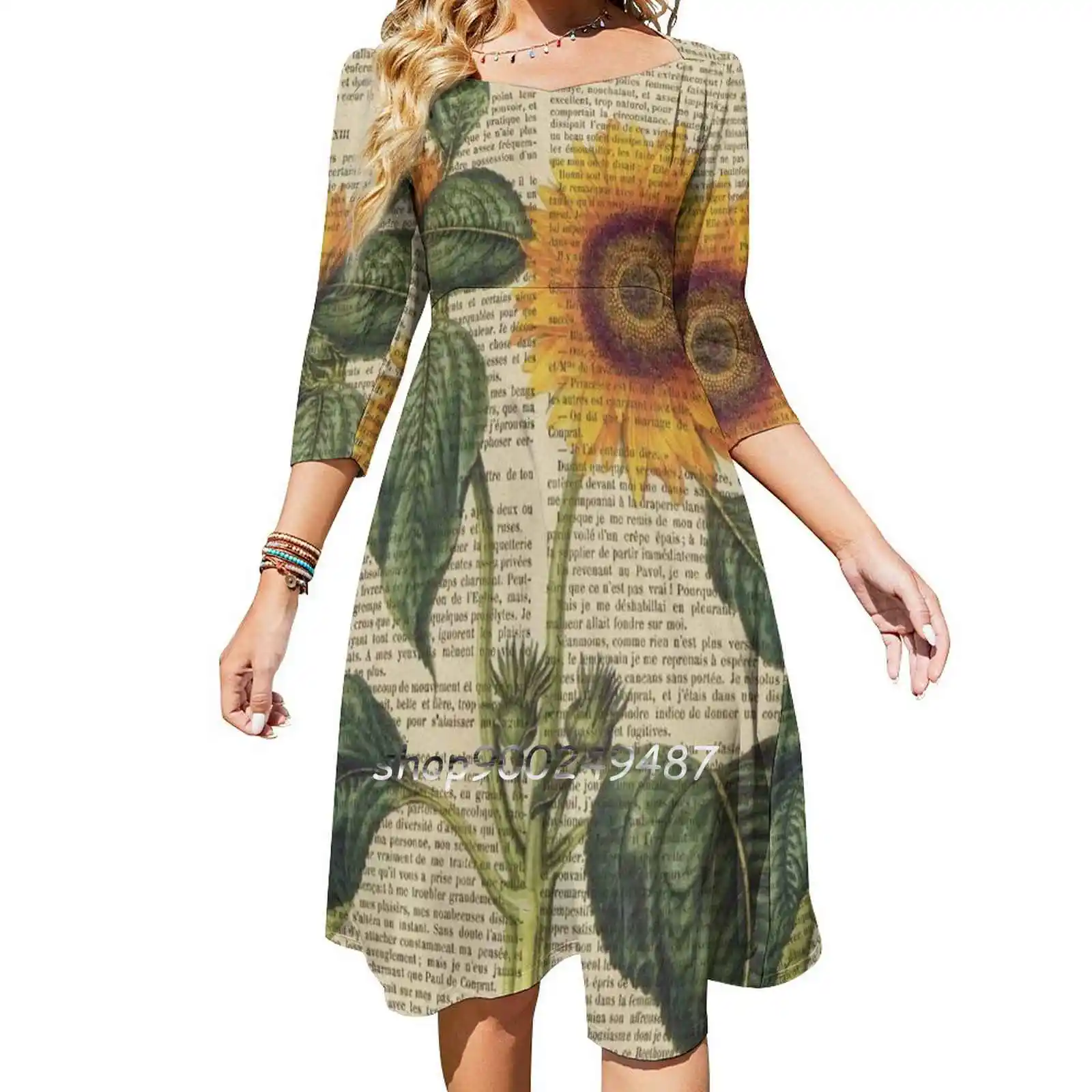 Botanical Print , On Old Book Page-Sunflower Evening Party Dresses Midi Sexy Dress Female Sweet One Piece Dress Korean