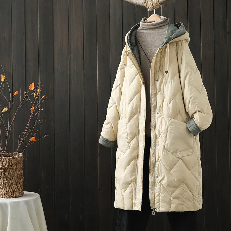 

2025 Autumn Winter Warm Thick White Duck Down Jacket Parkas Women Knitted Patchwork Hooded Down Coat Female Long Puffer Outwears