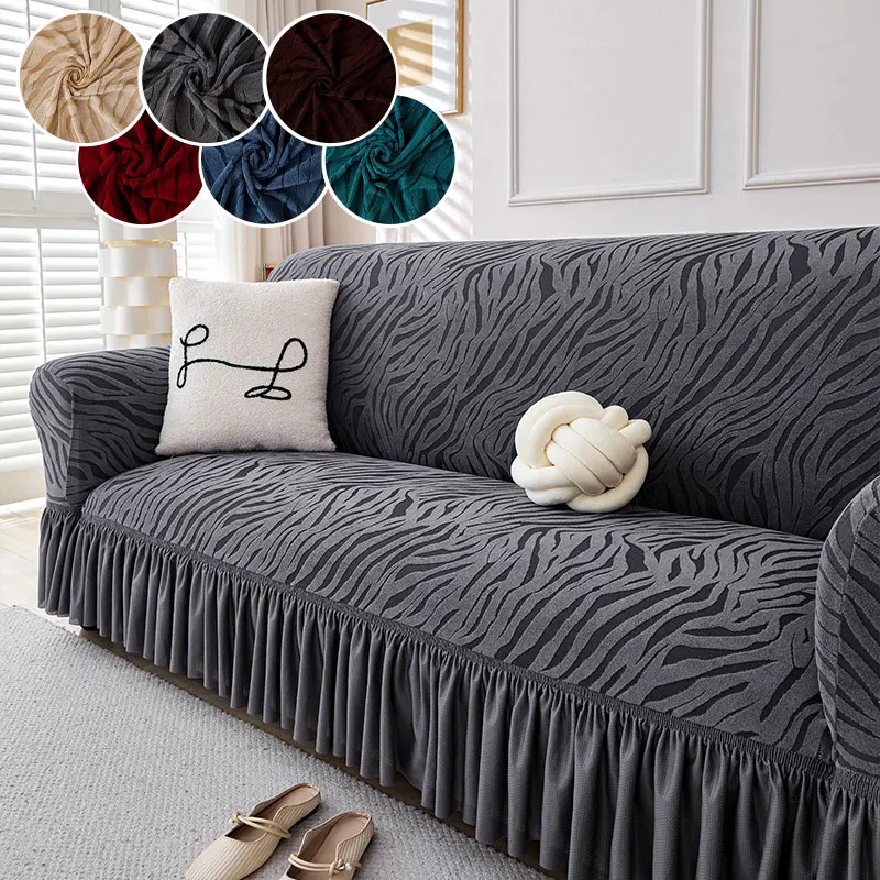 1PC-All-inclusive fleece skirt style sofa cover, straight-row integrated anti-slip living room sofa cover