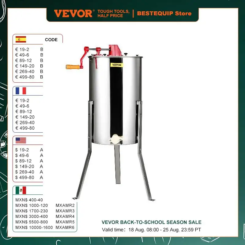 VEVOR Manual Honey Stainless Steel Beekeeping Extractor Honeycomb Drum Spinner with Lid Adjustable Apiary Centrifuge Equipment