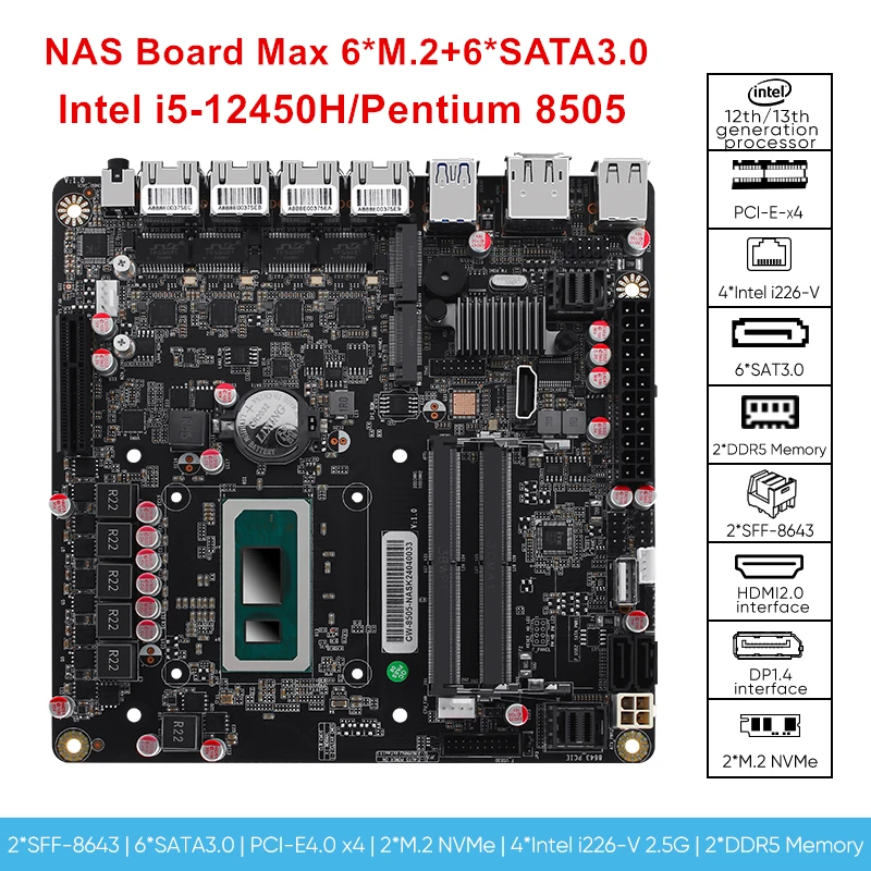 NAS 마더보드 i5-12450H 펜티엄 8505 6 베이 6 * NVMe 6 * SATA3.0 1 * PCIEx4 인텔 i226-V 2.5G DDR5 방화벽 라우터 미니 ITX 메인보드