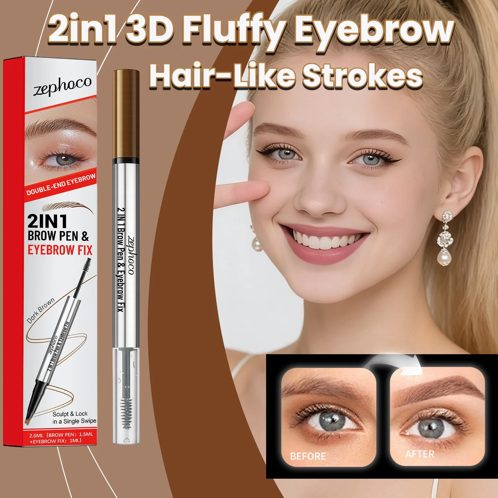 2in1 3D Fluffy Eyebrow Pencil Microblade Tattoo Brow Pen With Precision Tip Grooming Brush 24HR Long-Lasting Smudge-Proof Makeup