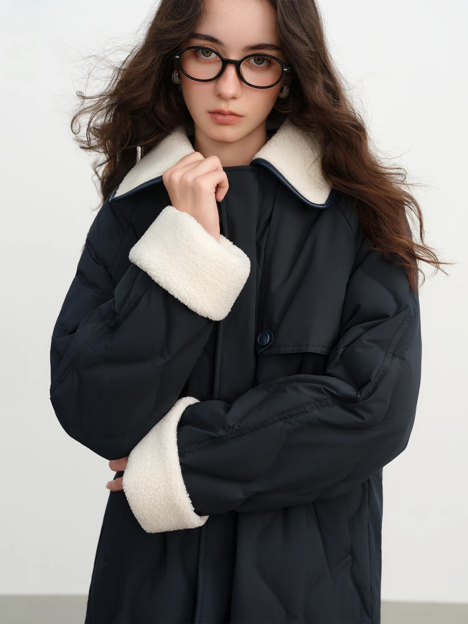 FSLE Korean Style Mid-length Down Jacket Turn Down Collar Winter Splicing Fur Collar Casual Jacket for Women Japanese Style BF