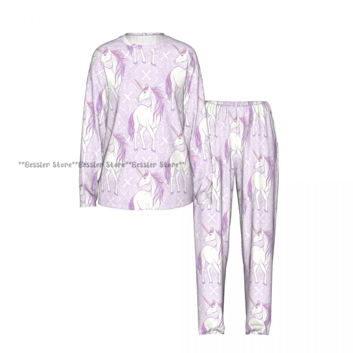 2 Piece Loungewear Women Pajama Sets Unicorn Mane Background Soft Homewear Sleepwear Long Sleeve Nightwear