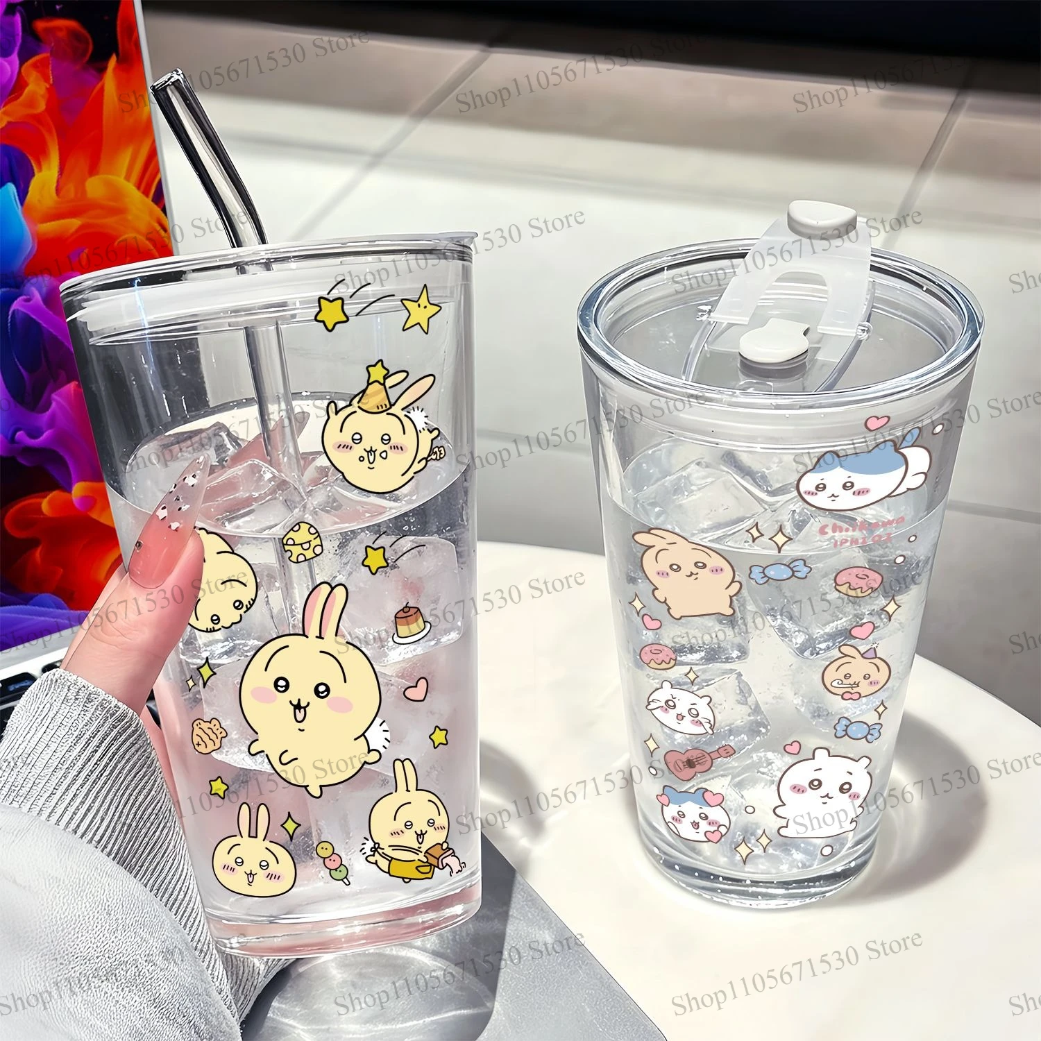 Kawaii Chiikawa Hachiware Collection Glass Straw Cup High Value Style Cold Drink Mug with Lid for Milk  Home Beverage Daily Use