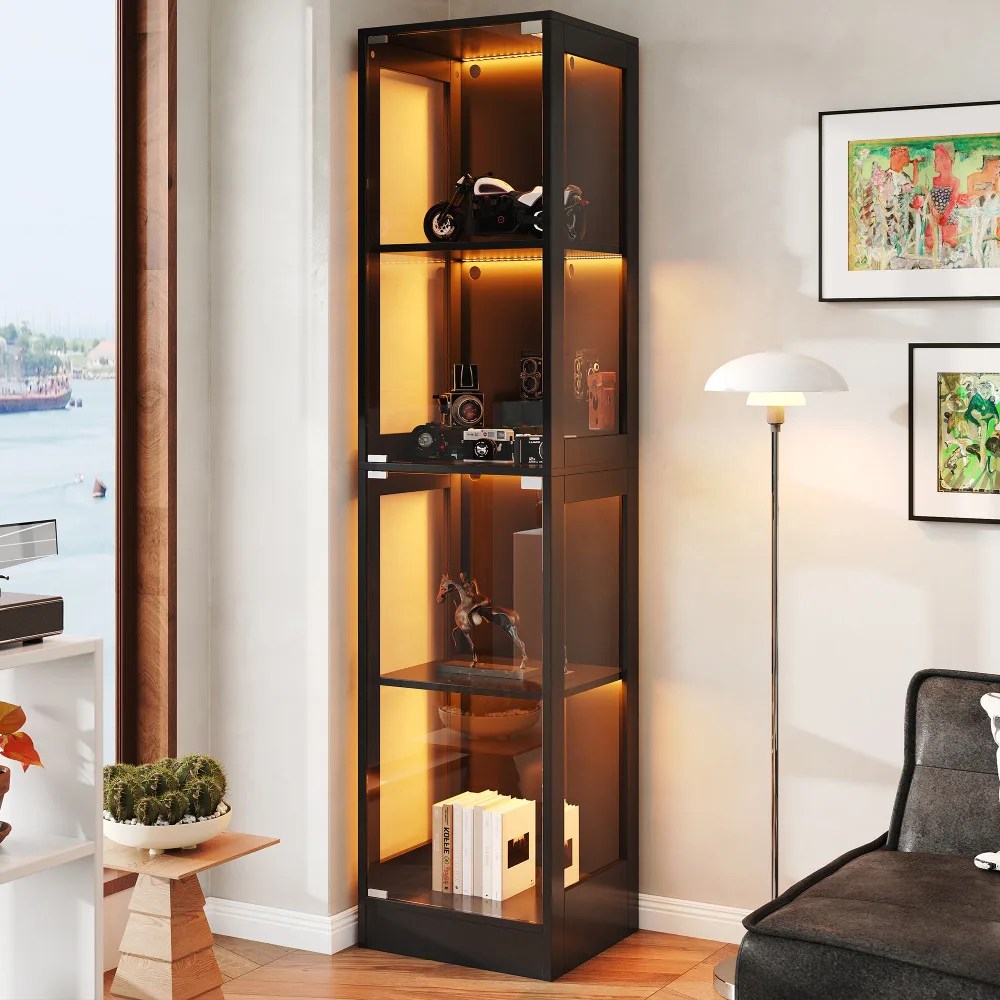 Vitrina LED Negra de Una Puerta, 40×35×170cm, Vidrio Templado, Control por Aplicación, Almacenamiento de 4 Niveles