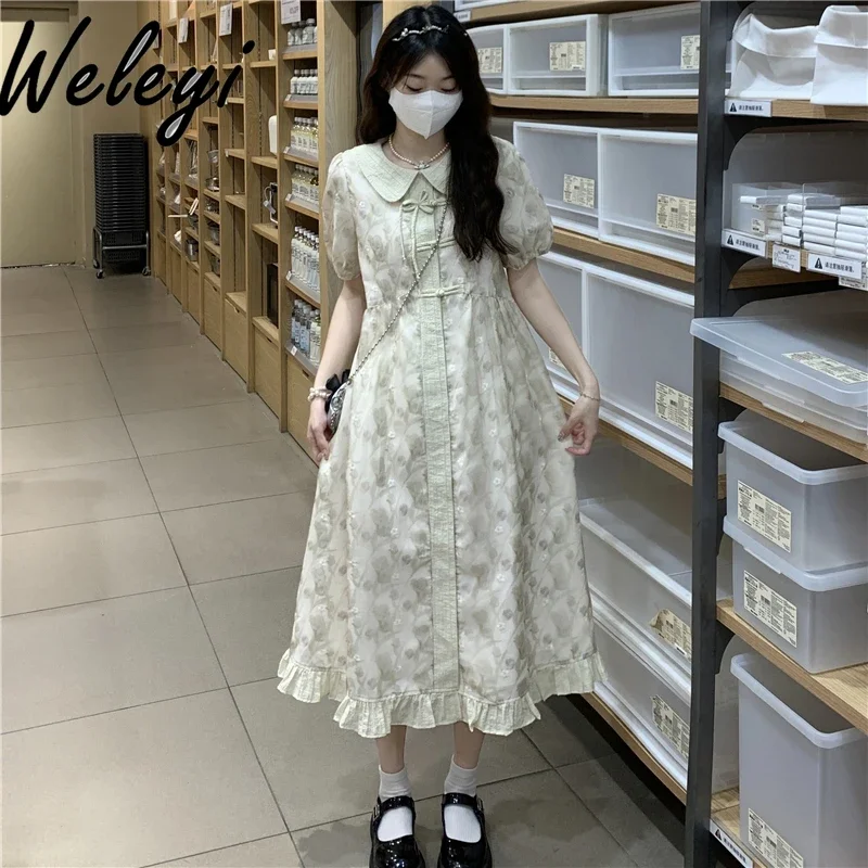 

Korean Fashion Dress 2024 Summer Ropa De Mujer Bow Buckle Doll Collar Puff Sleeved Printed Ruffled Embroidered Sukienka Dresses