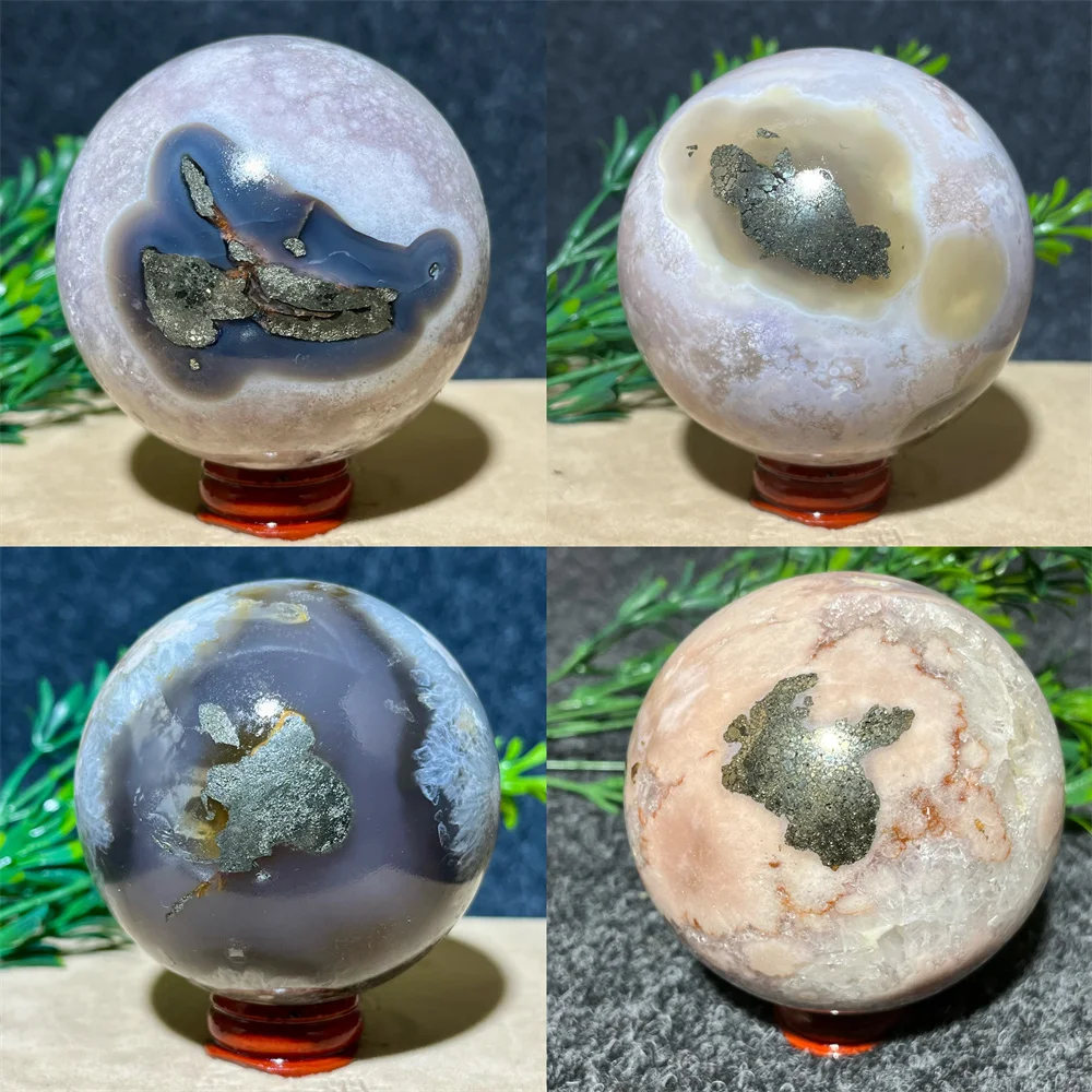 Pink AmethysT Flower Agate Cluster Pyrite Sphere Ball Crystal Natural Energy Gem Reiki Home Decoration Stone Quarttz + Stand