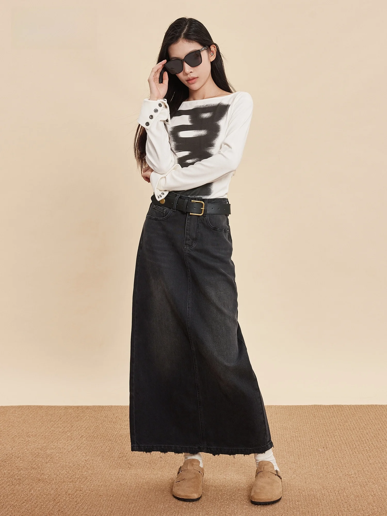 Unique Beautiful Washed Black Denim Skirt Half-length Women's Special A-line Cotton Casual Mid-waist Unique Elegant Skirt