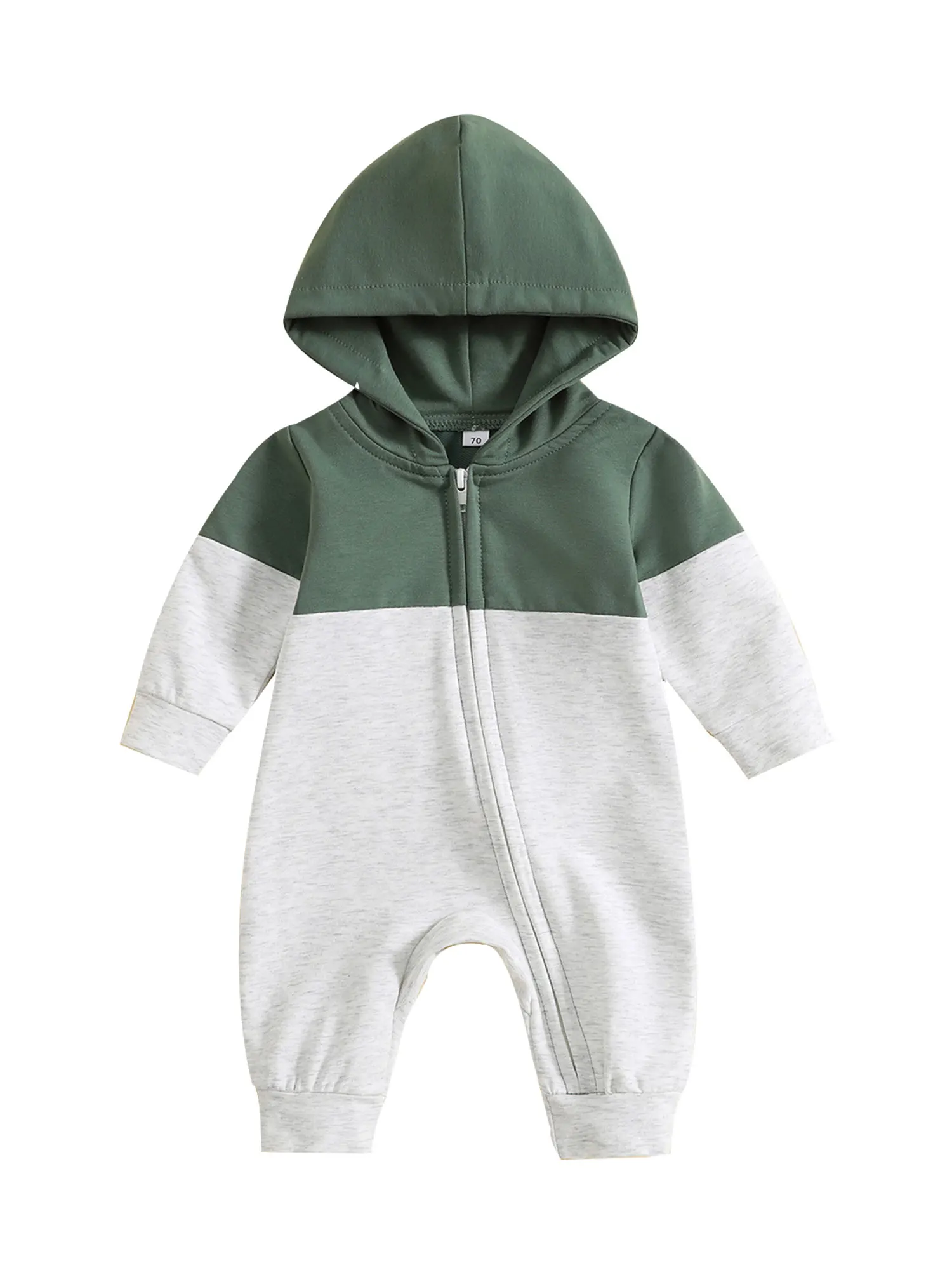 Cute Toddler Boy Hooded Romper with Zipper Closure Stylish Contrast Color Casual Jumpsuit for Infant Boys Perfect Fall Outfit