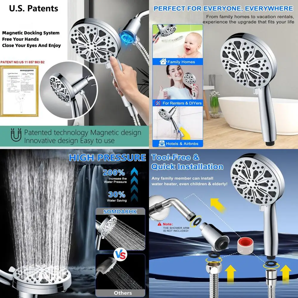 

Душевая насадка с магнитным фильтром: 10 настроек чистого дождя с моющейся мойкой, 72 хромированных шланга для жесткой воды и чистки домашних животных